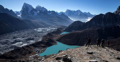 Gokyo Valley and glacial lakes viewed from the trekking trail in the Khumbu region of Nepal