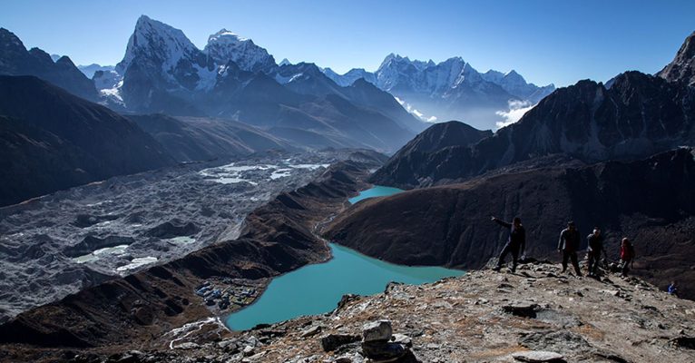 Gokyo Valley and glacial lakes viewed from the trekking trail in the Khumbu region of Nepal