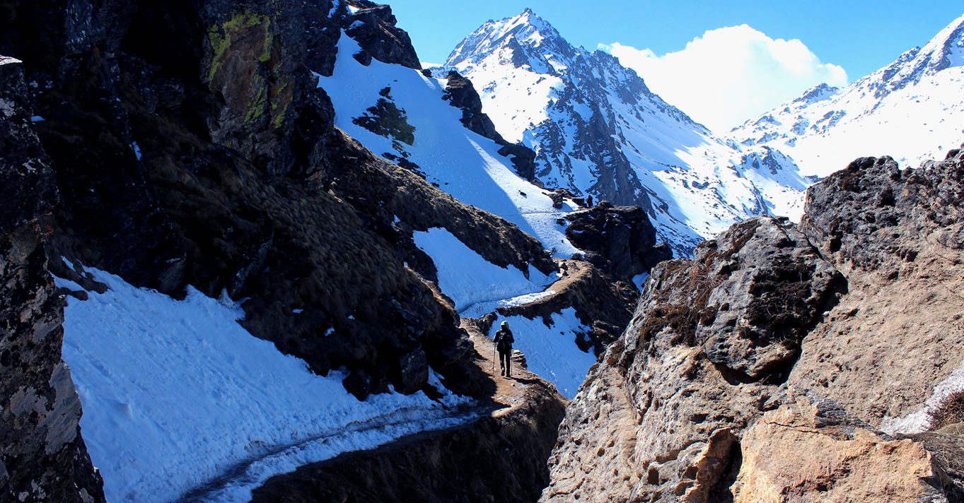 Trekkers on the trail in the Langtang Valley, Nepal with Himalayan peaks visible