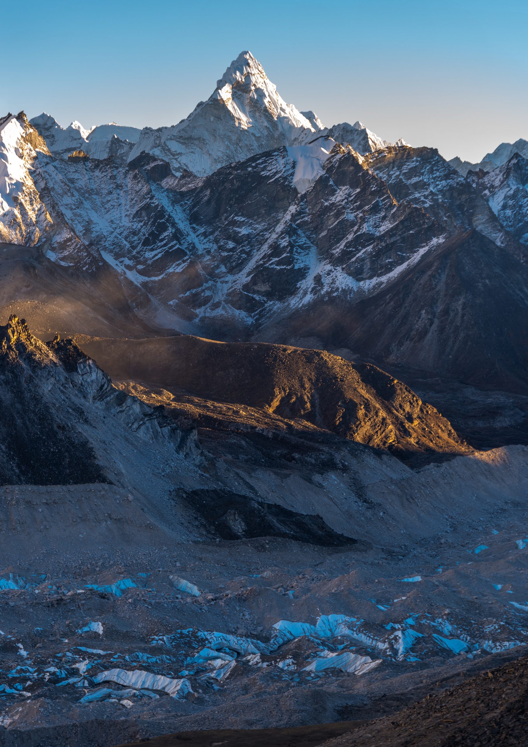 Ama Dablam and the Khumbu valley under a clear blue sky on the Everest Base Camp trek route in May
