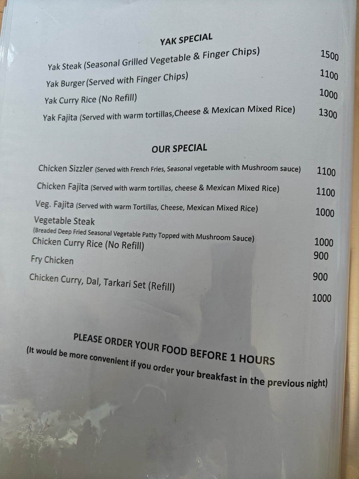Hotel Skyline Manang food menu page 1 prices 2026 Annapurna Circuit Nepal