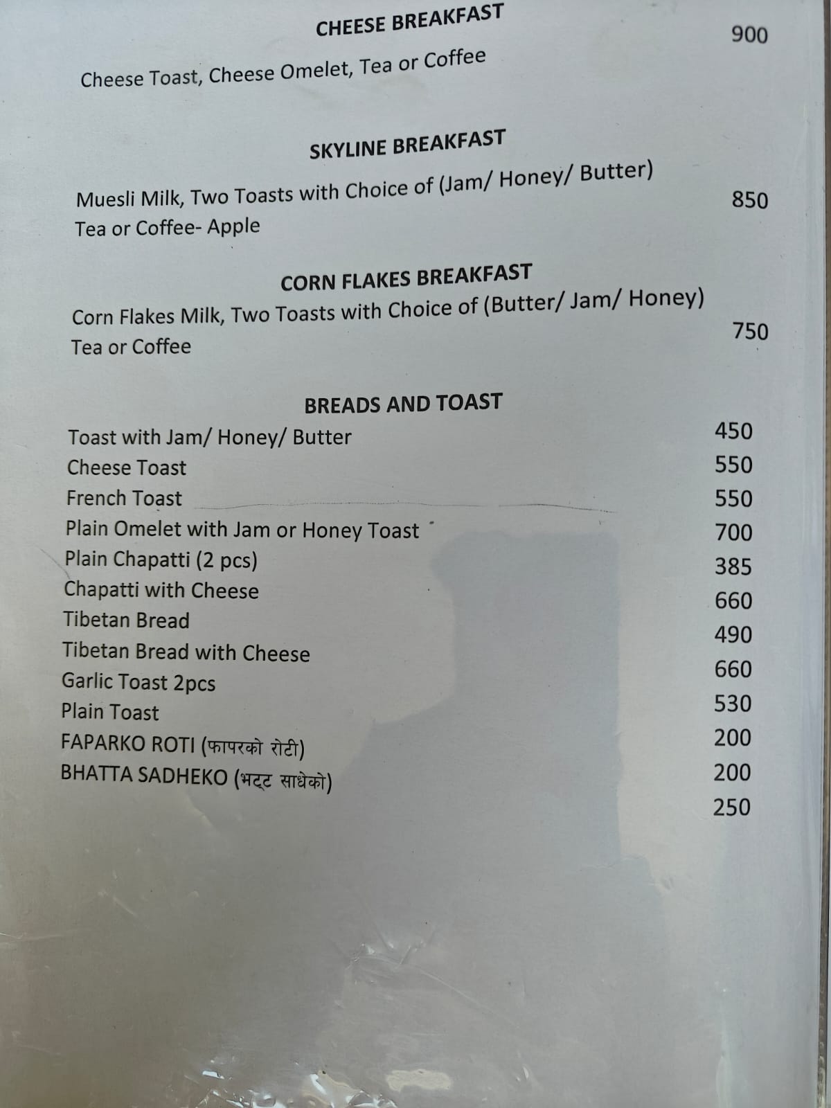 Hotel Skyline Manang food menu page 5 prices 2026 Annapurna Circuit Nepal