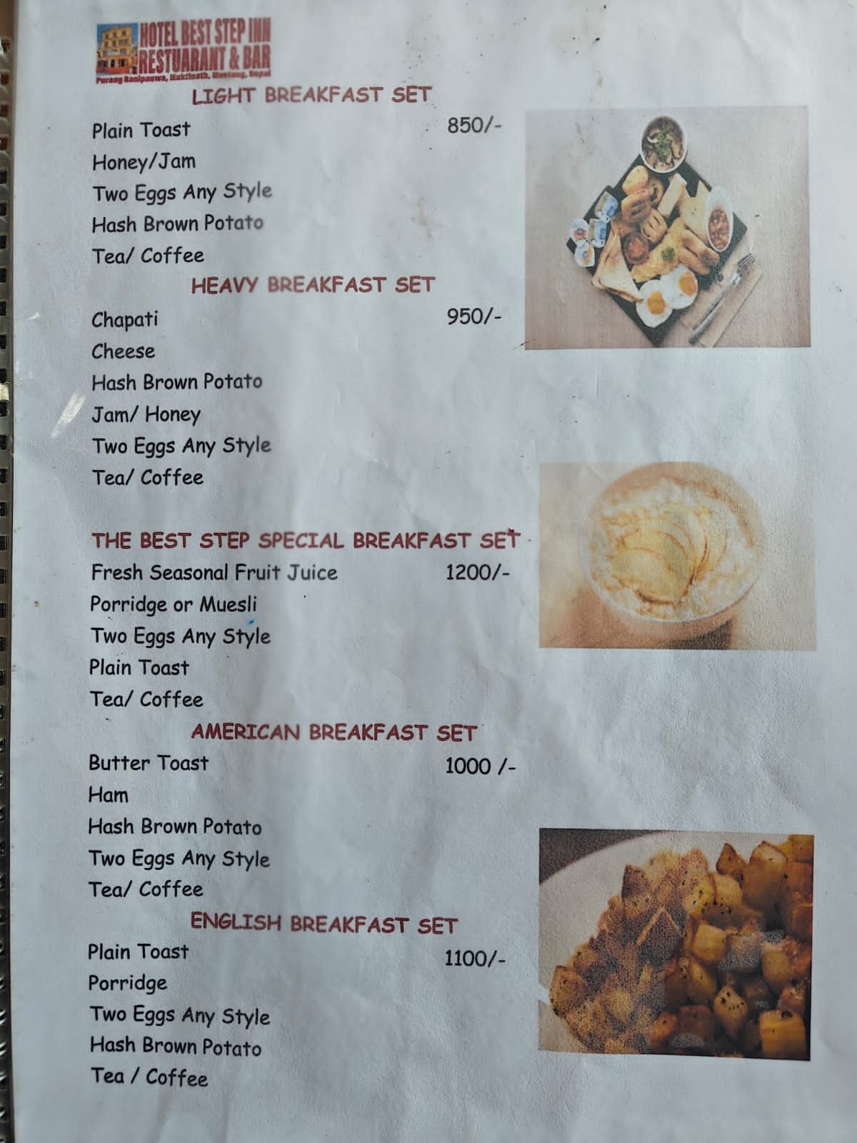 Best Step Inn Restaurant Muktinath menu page 1 food prices 2026 Annapurna Circuit