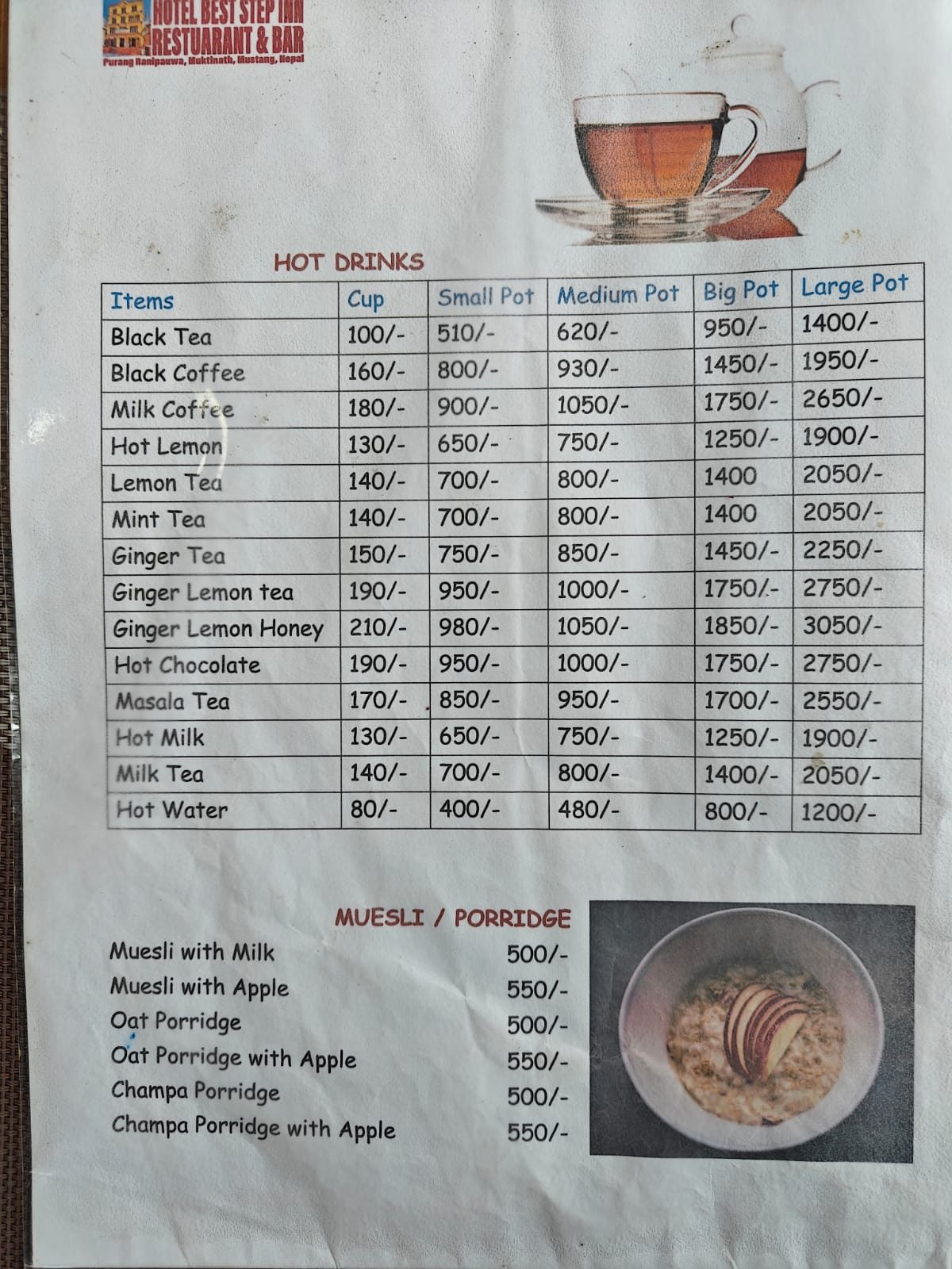 Best Step Inn Restaurant Muktinath menu page 3 food prices 2026 Annapurna Circuit