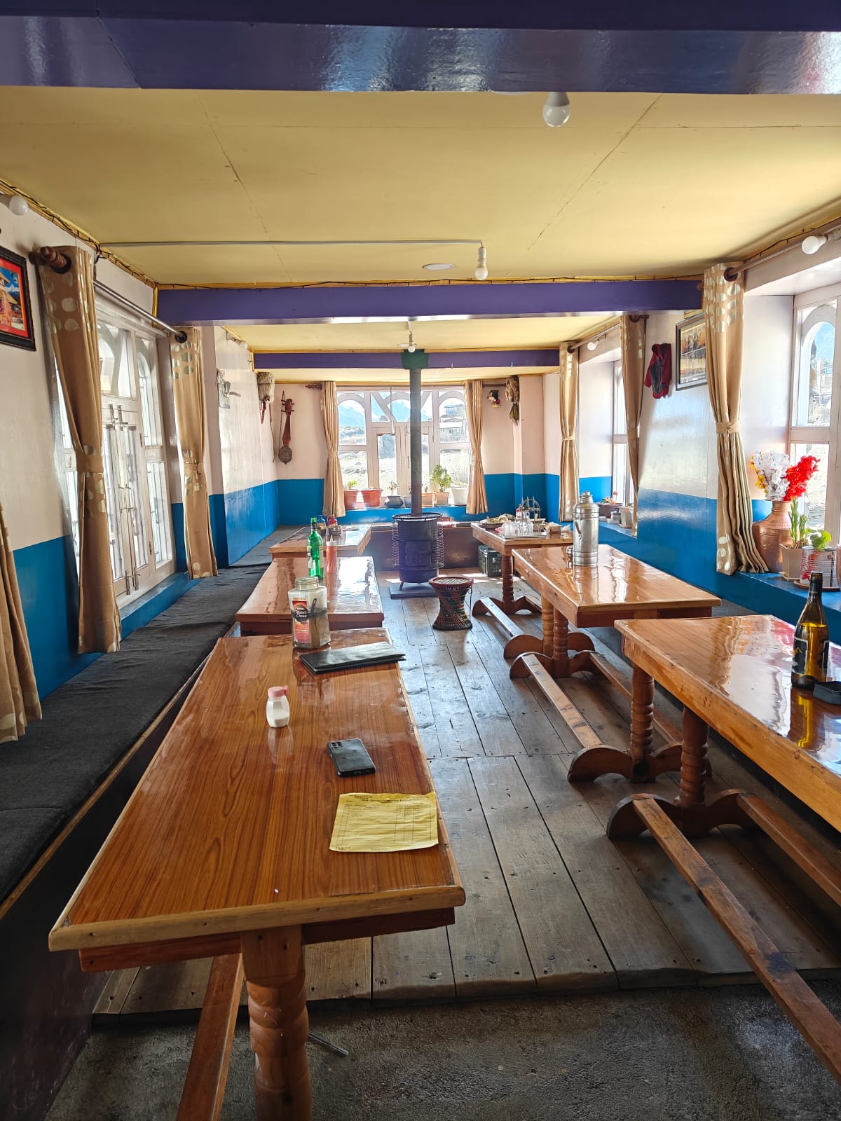 New Annapurna Guest House dining room Ngawal Annapurna Circuit with mountain views Nepal