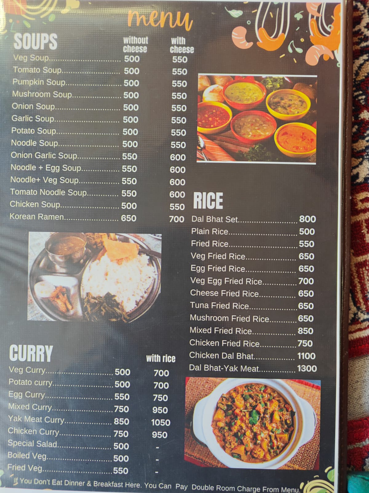 Manag Marsyandi New Cottage Upper Pisang food menu page 4 prices 2026 Annapurna Circuit
