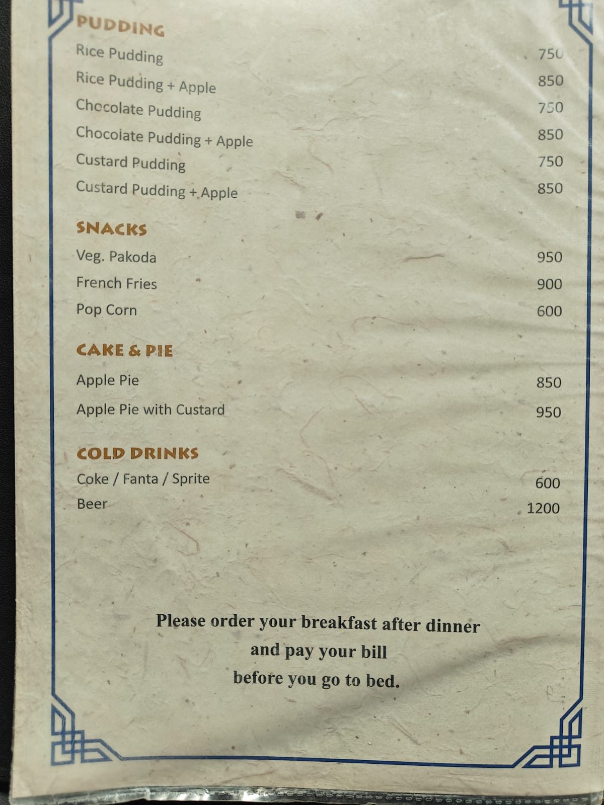 Thorong High Camp View Hotel menu page 8 food prices 2026 Annapurna Circuit Nepal 4925m