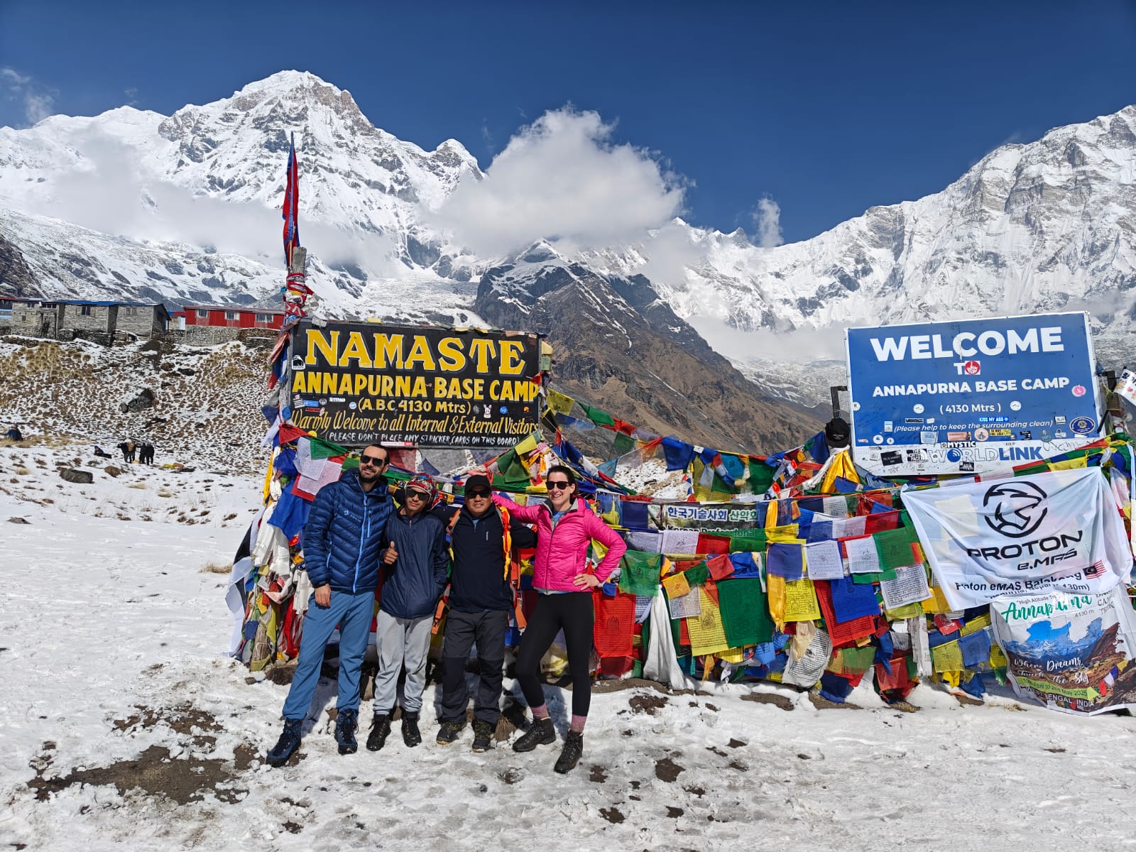 Trekkers at the Annapurna Base Camp sign