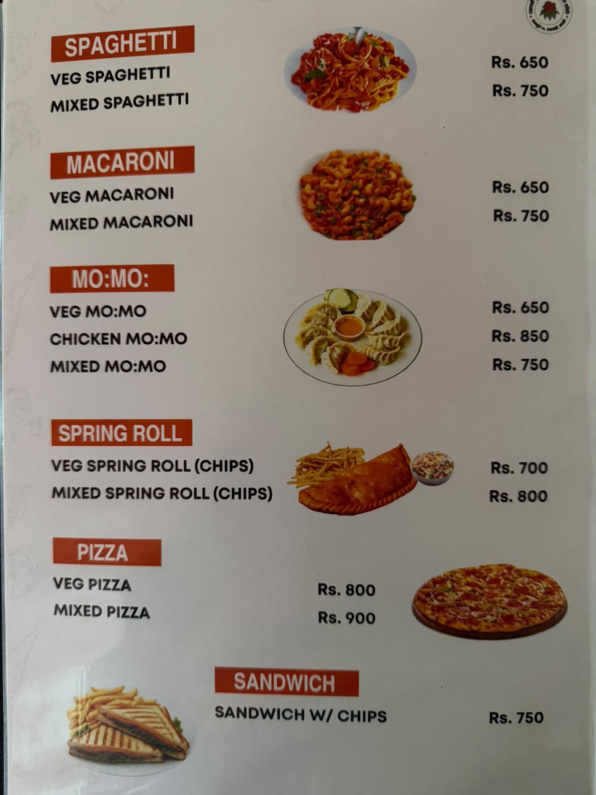Teahouse menu in Ghandruk on the Annapurna Base Camp trek, page 1
