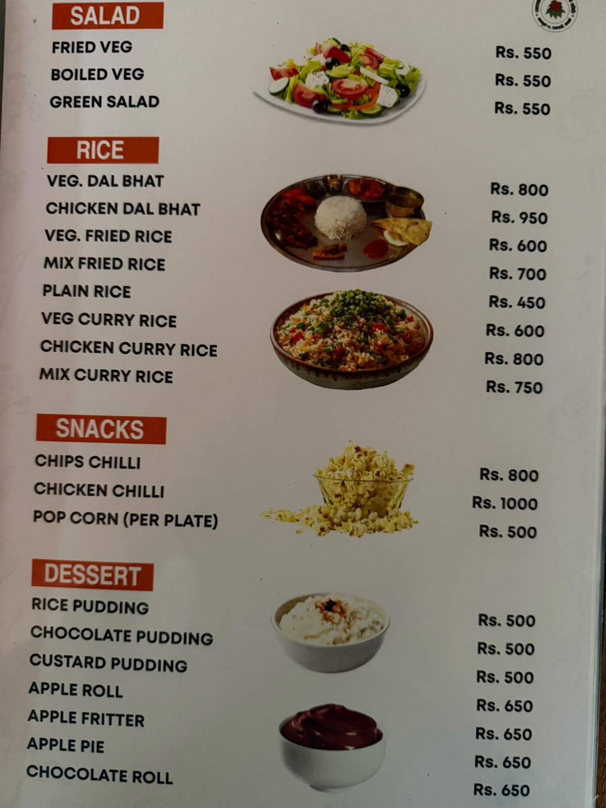 Teahouse menu in Ghandruk on the Annapurna Base Camp trek, page 2