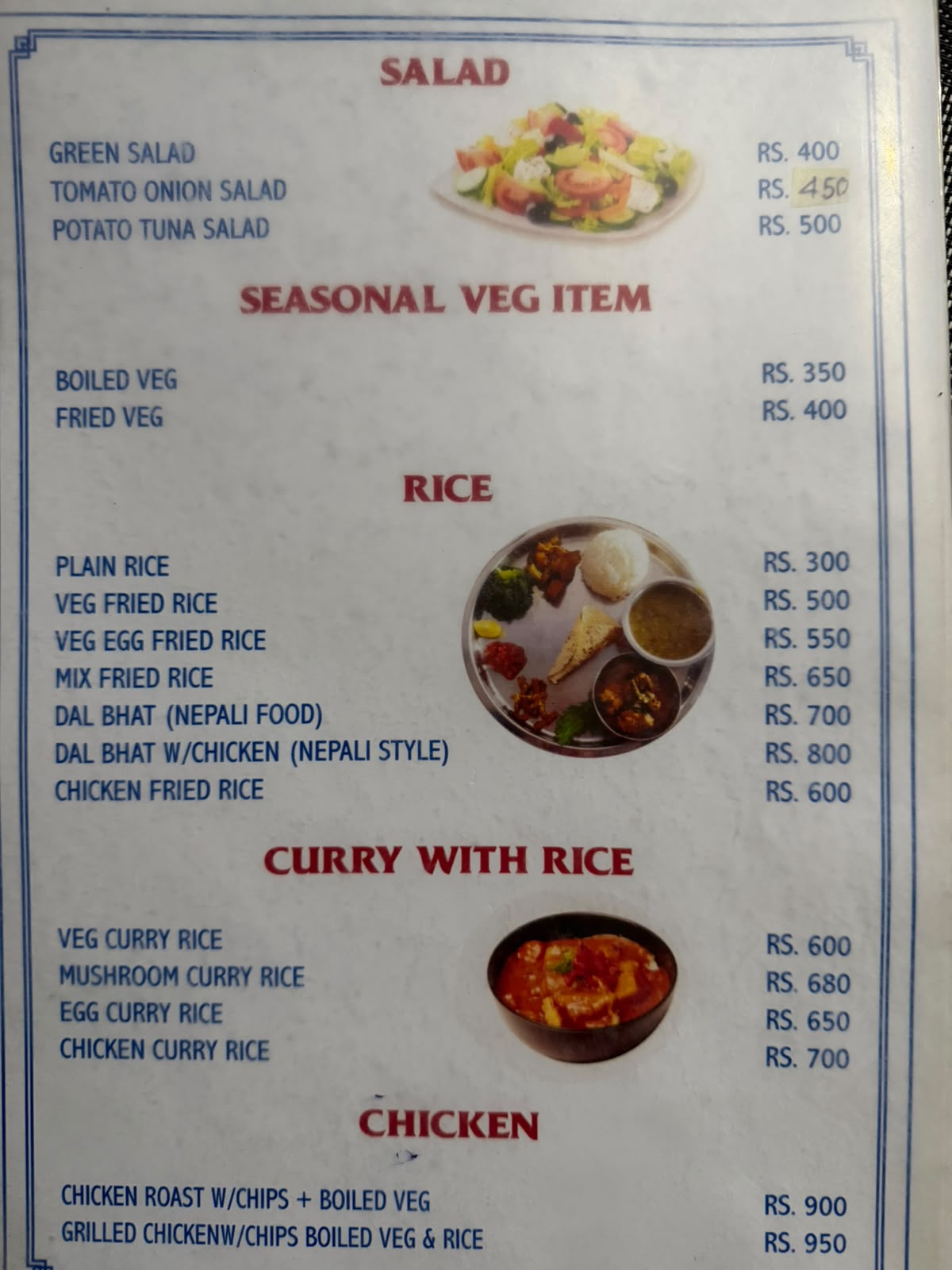 Teahouse menu in Ghandruk on the Annapurna Base Camp trek, page 11