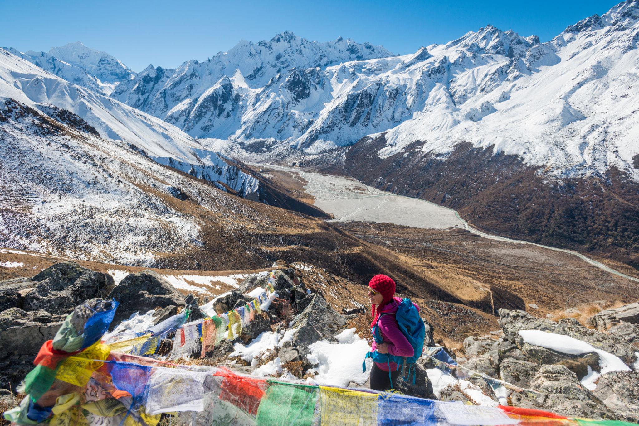 Prayer flags at the Kyanjin Ri viewpoint above Kyanjin Gompa