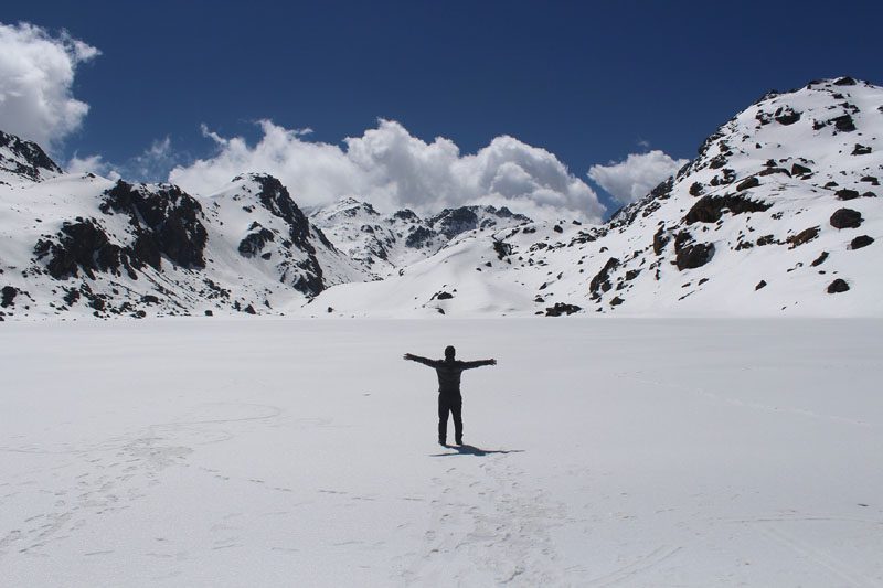 Snow covered trail in the Langtang region of Nepal in winter