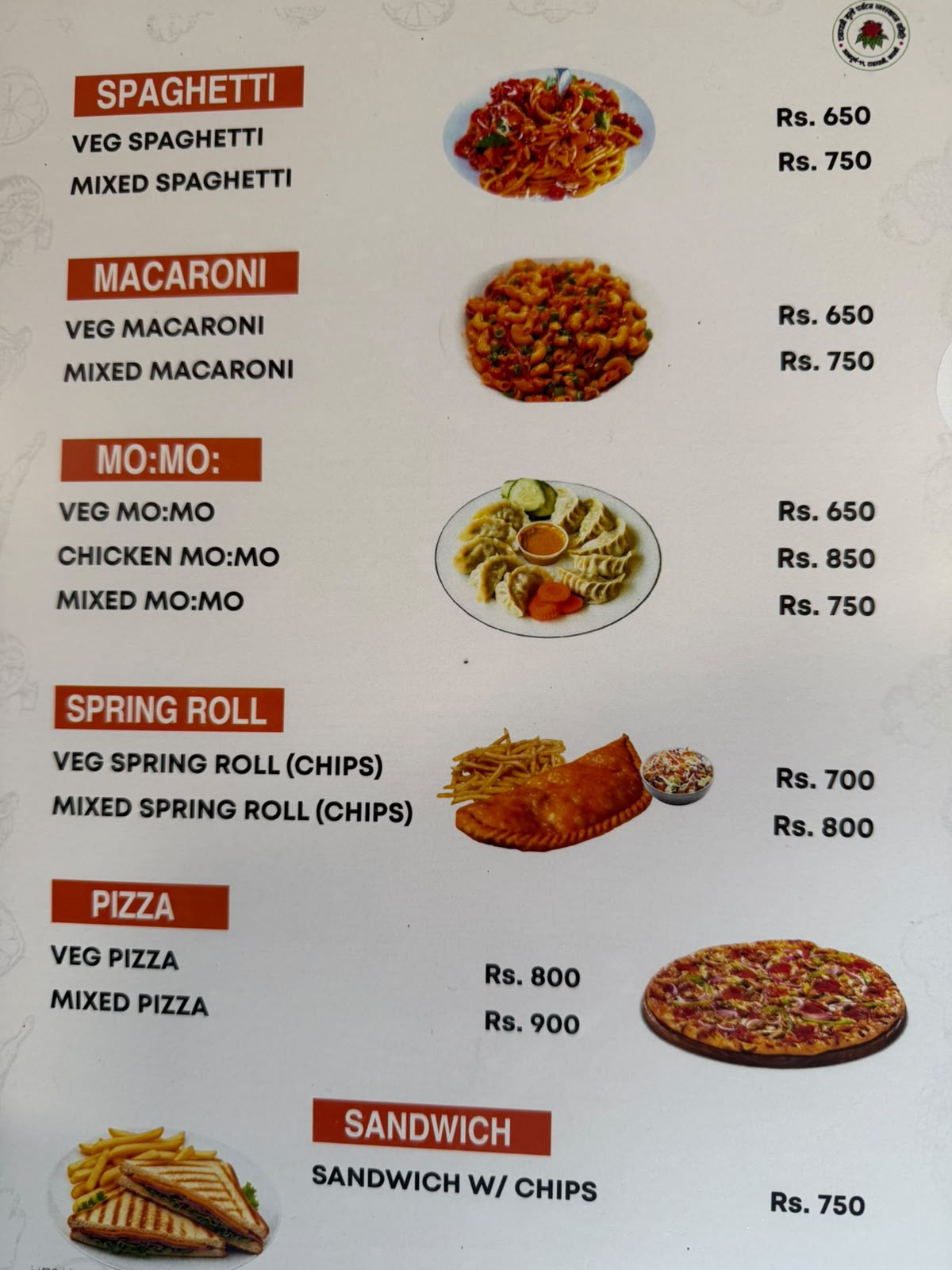 Teahouse menu in Tadapani on the Annapurna Base Camp trek, page 2
