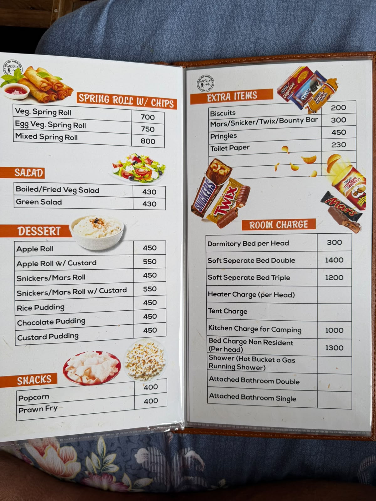 Teahouse menu in Chhomrong on the Annapurna Base Camp trek, page 1