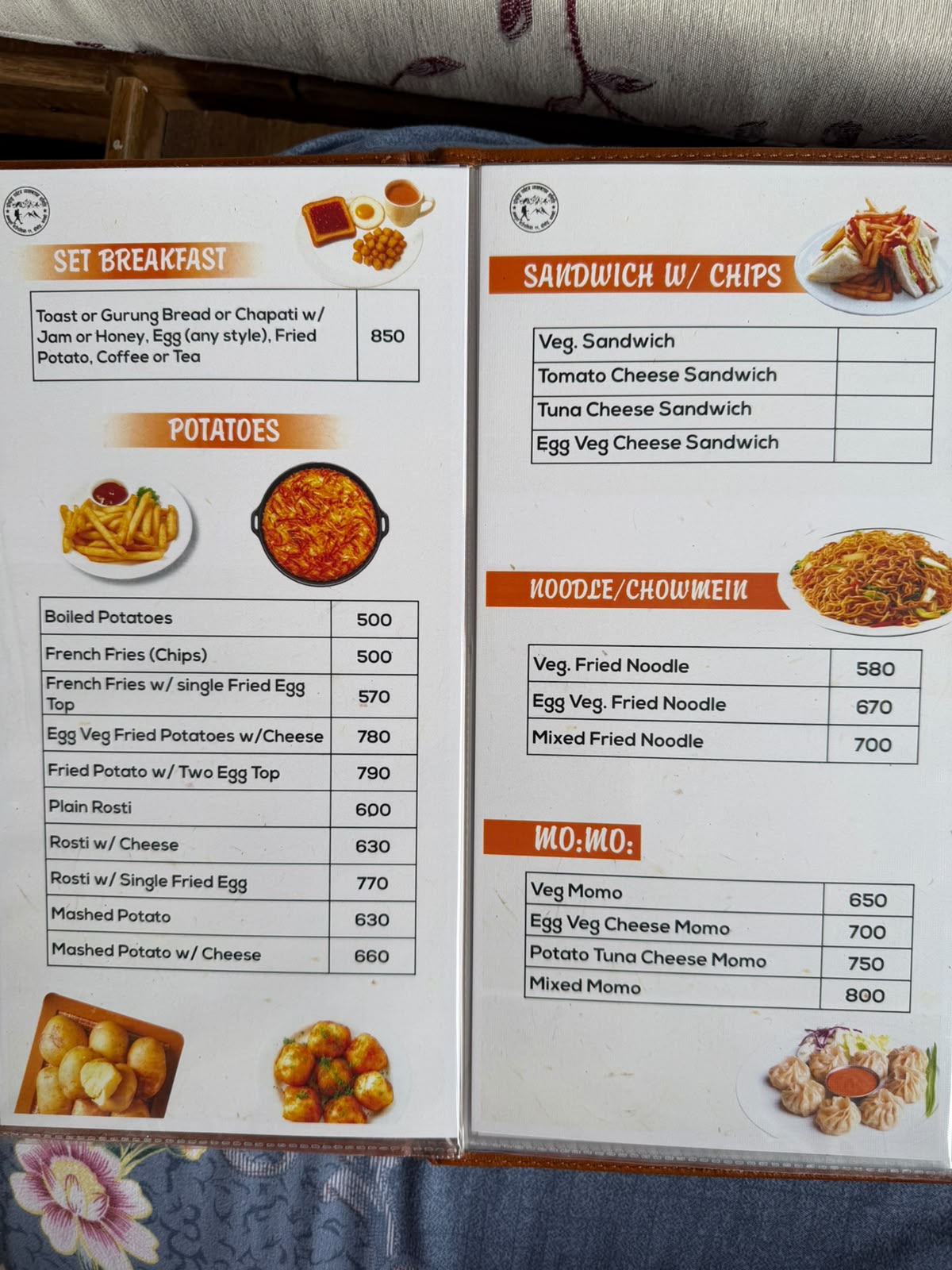 Teahouse menu in Chhomrong on the Annapurna Base Camp trek, page 2