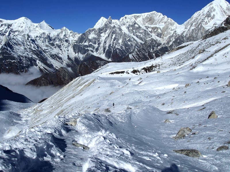 Snow on the trail near Larkya La Pass