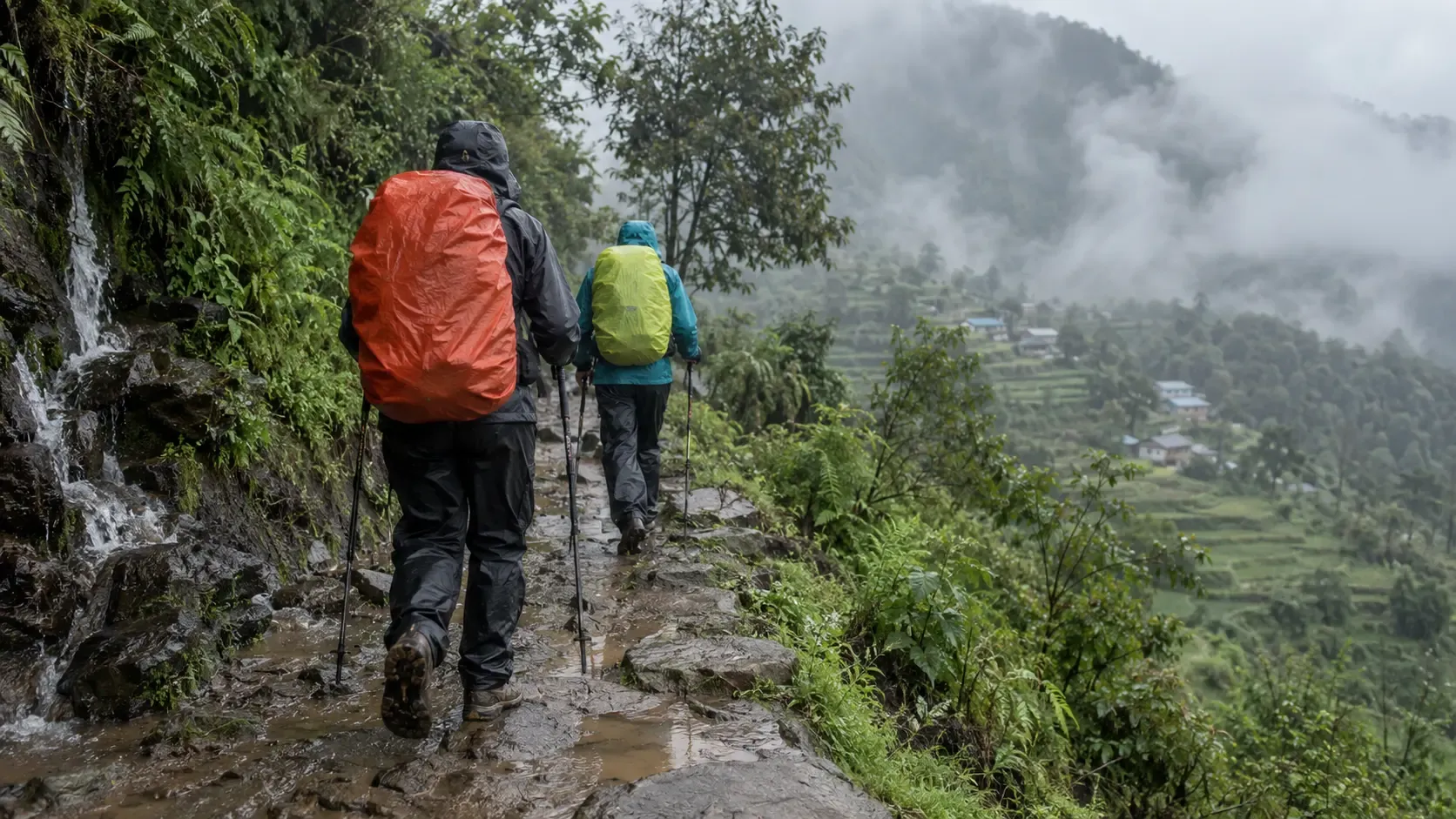 Trekker wearing rain gear on a wet trail in Nepal during the monsoon