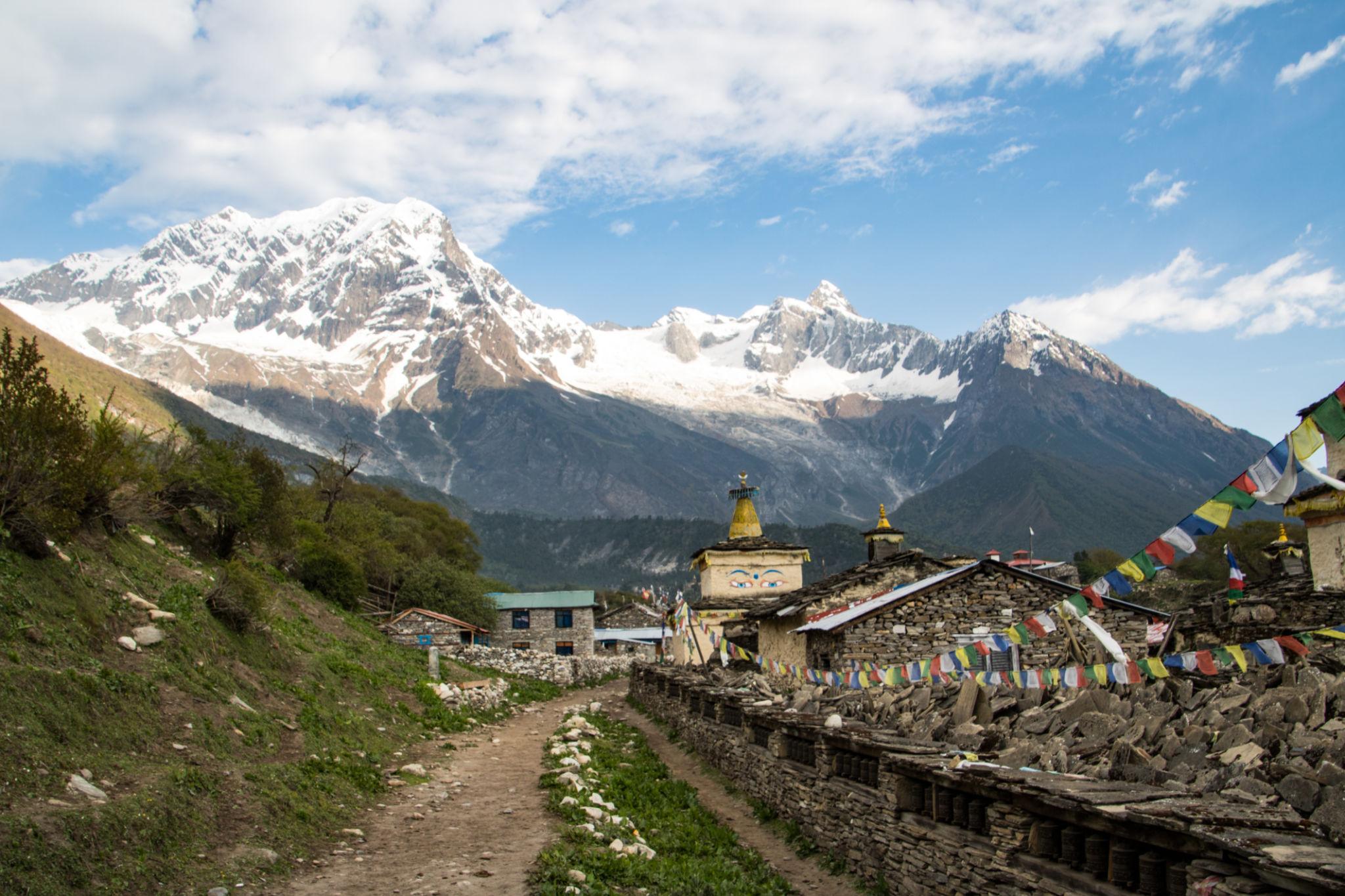 Panorama of Samagaon village below Manaslu on the Manaslu Circuit