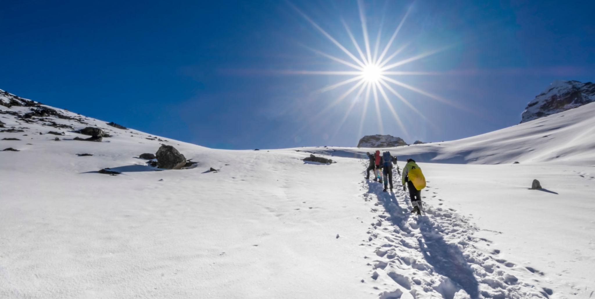 Snow-covered trekking trail in the Everest region in winter